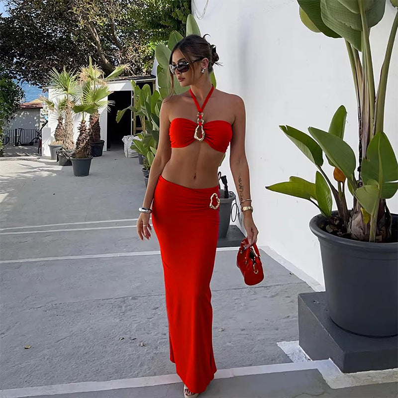 White Halter Bikini Three Piece Sets Sexy Swimsuit Long Skirt Solid Color Cover Up Skirt