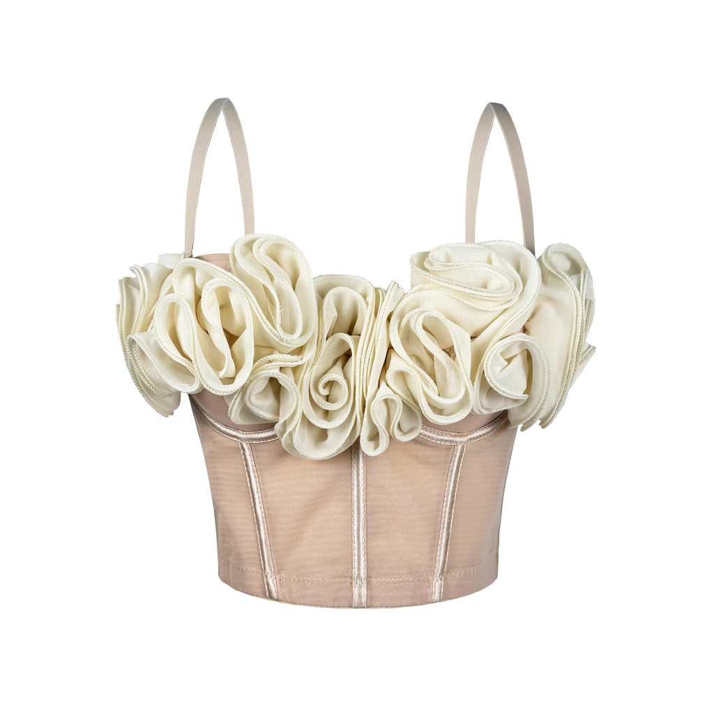 Three Dimensional Boning Corset Bra Top Tulle Lace Fishnet Cami Ruffled