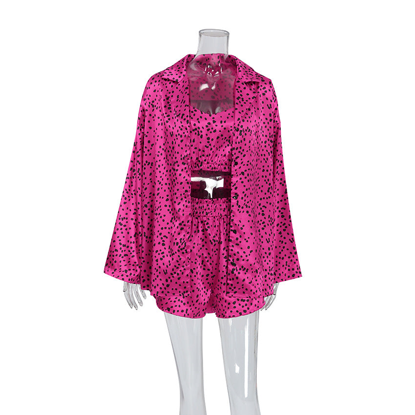 Autumn Satin Polka Dot Printed Underwear Shorts Outerwear Gown Three Piece Pajamas