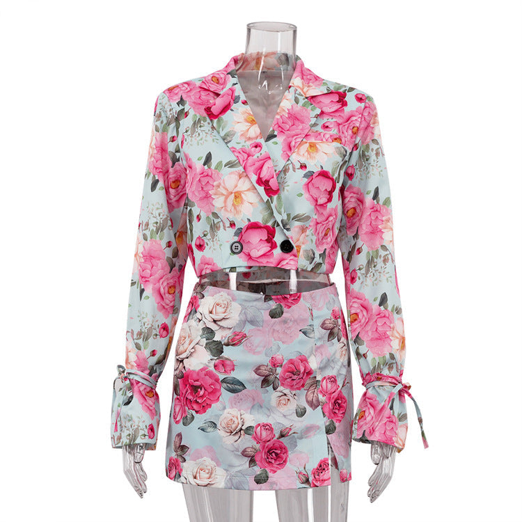 Skirt Collared Long Sleeve Top High Waist Short Skirt Two Piece Sets floral pink
