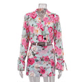 Skirt Collared Long Sleeve Top High Waist Short Skirt Two Piece Sets floral pink