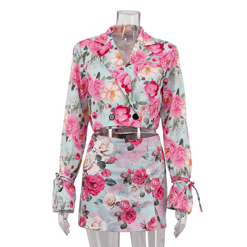 Skirt Collared Long Sleeve Top High Waist Short Skirt Two Piece Sets floral pink