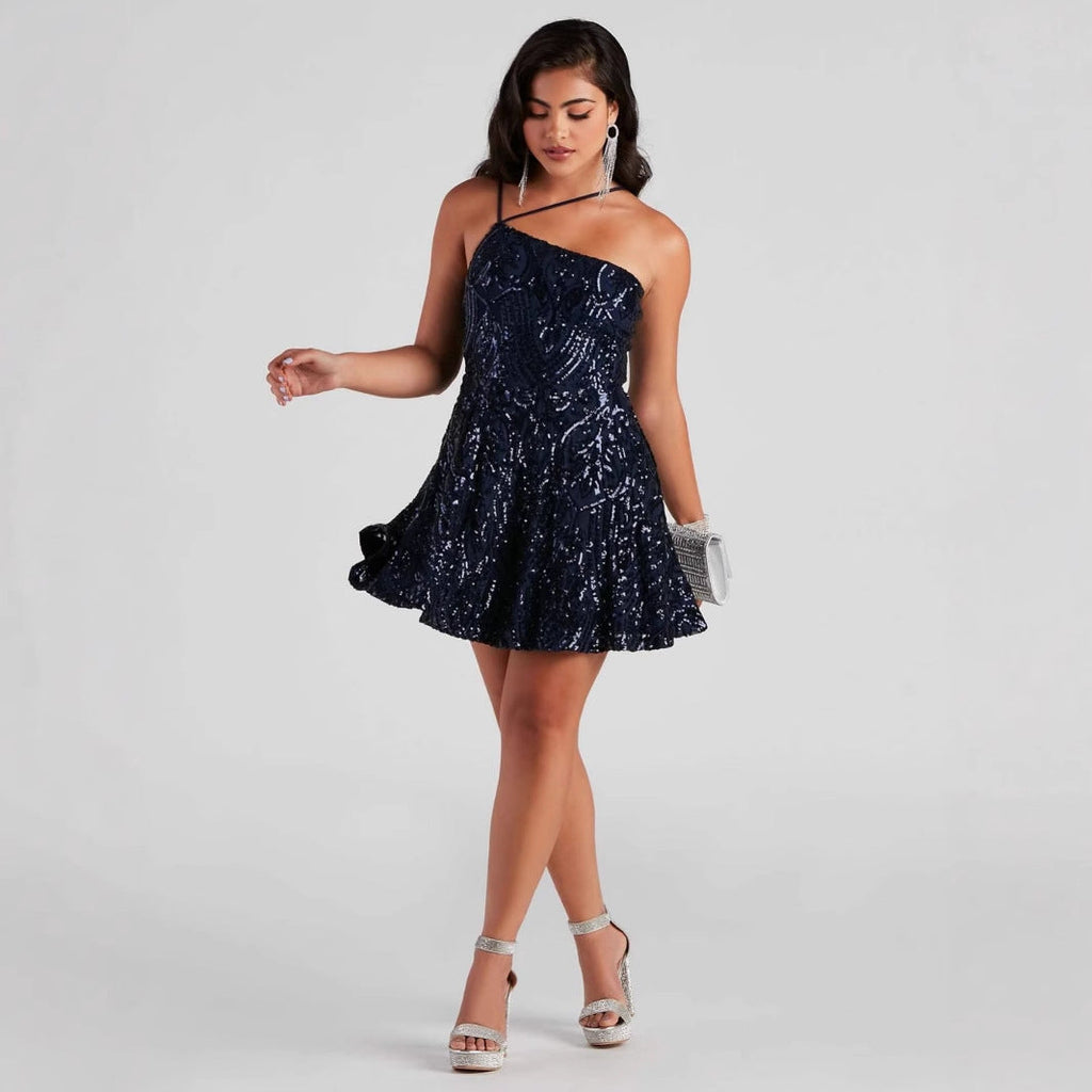 One Shoulder Sequined Nightclub Party Dress Prom Blue Cocktail