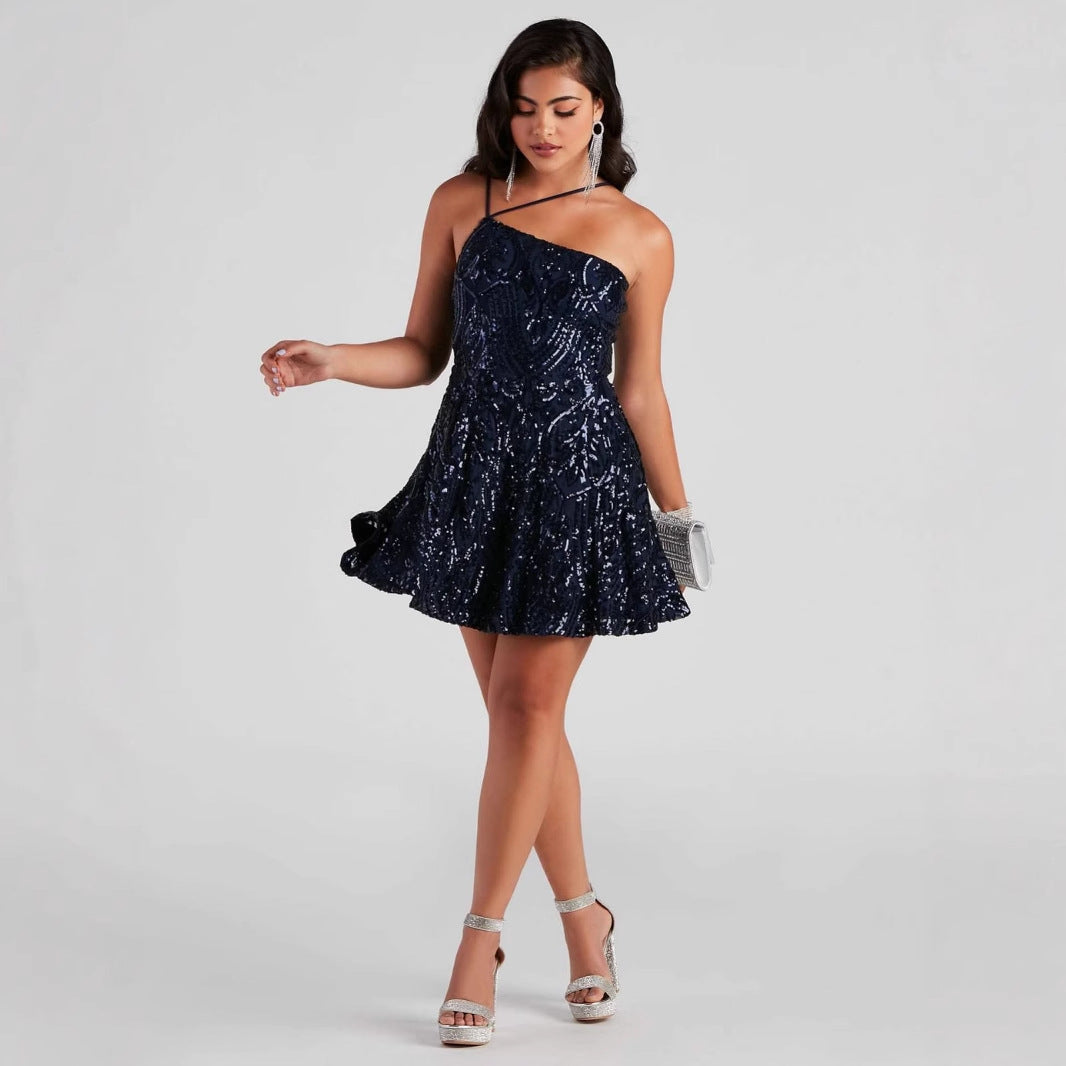 One Shoulder Sequined Nightclub Party Dress Prom Blue Cocktail