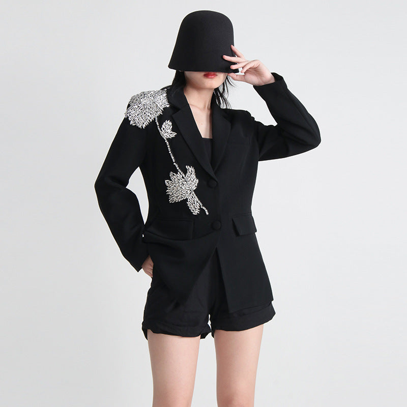 Elegant Beaded Three Dimensional Floral Stitching Slimming Blazer Jacket