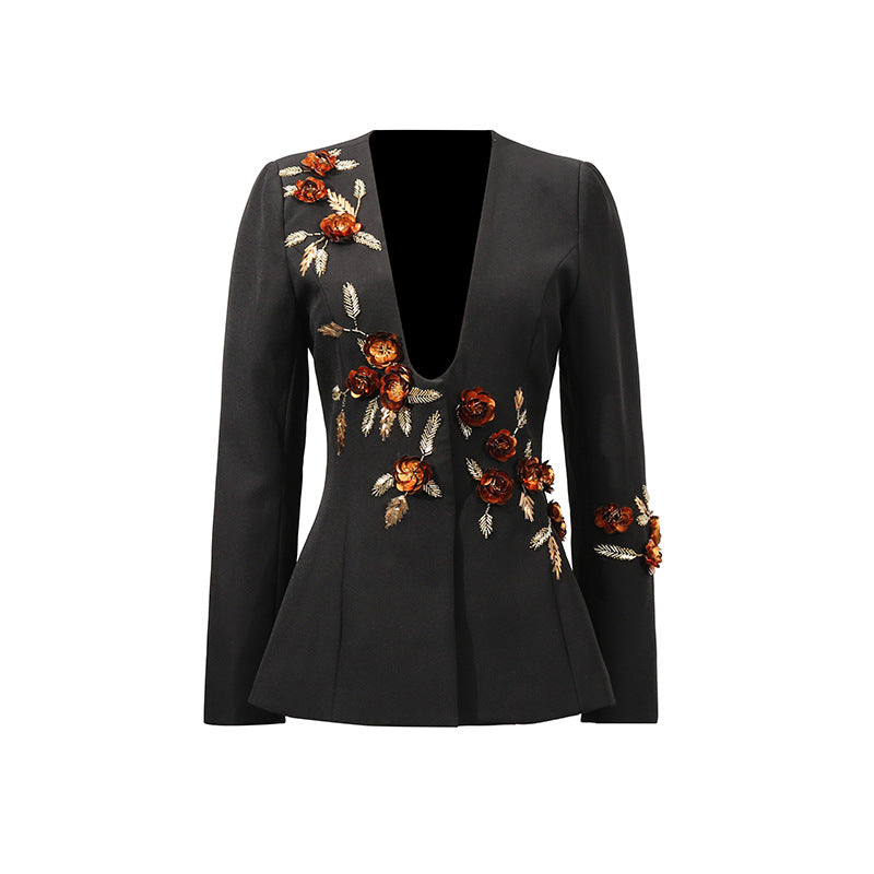 Elegant Heavy Industry Blazer Floral Stitching Design 3D Embellished