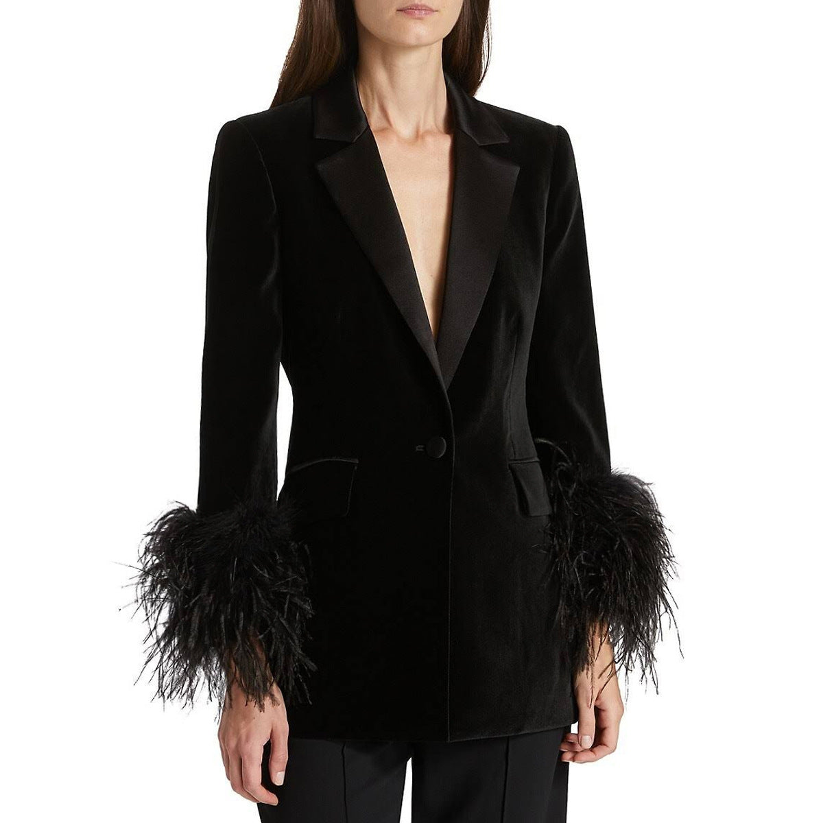Spring Autumn Velvet Ostrich Feather Trim Jacket Blazer Black Dressy