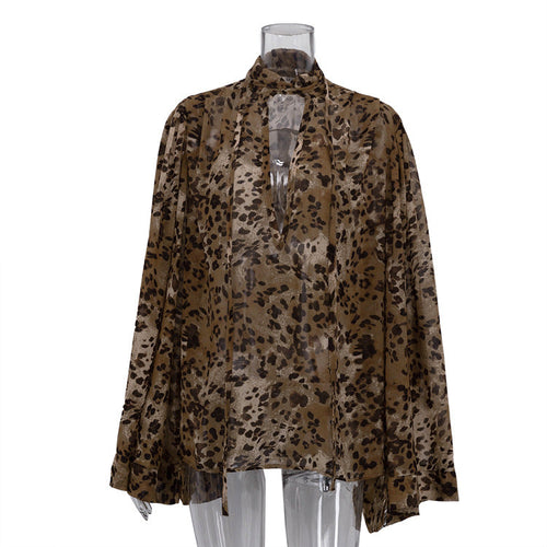 Spring Blouse Shirt Leopard Print Plunging V front Cutout Stand up Collar Long Sleeved Top