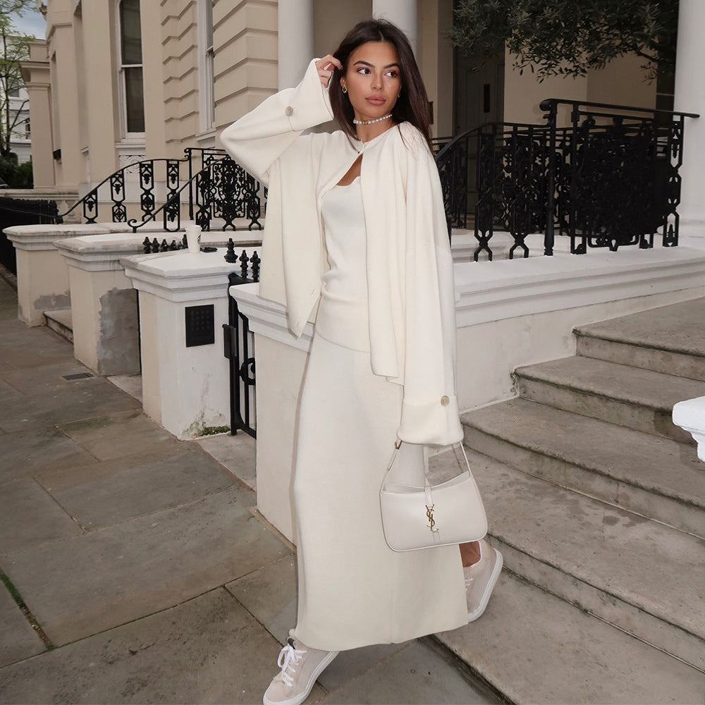 Knitted Long Sleeve Cardigan Camisole Skirt Set ladies Autumn Winter Sweater 3-Piece outfit