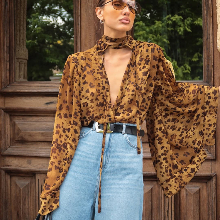 Spring Blouse Shirt Leopard Print Plunging V front Cutout Stand up Collar Long Sleeved Top