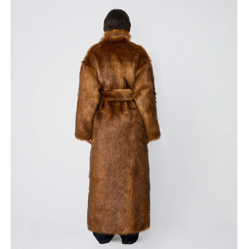 Winter Faux Wolf Fur Coat Long below the Knee Warm Jacket