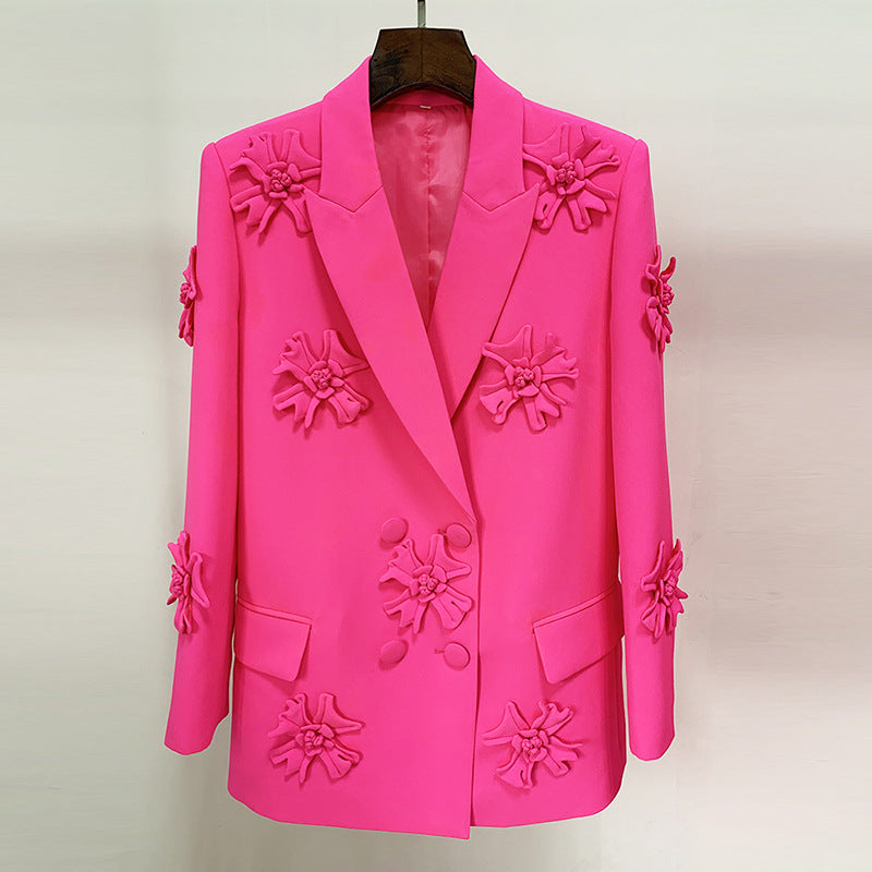 Double Breasted Three-Dimensional Floral Decorative 3D Rose Blazer Hot Pink White
