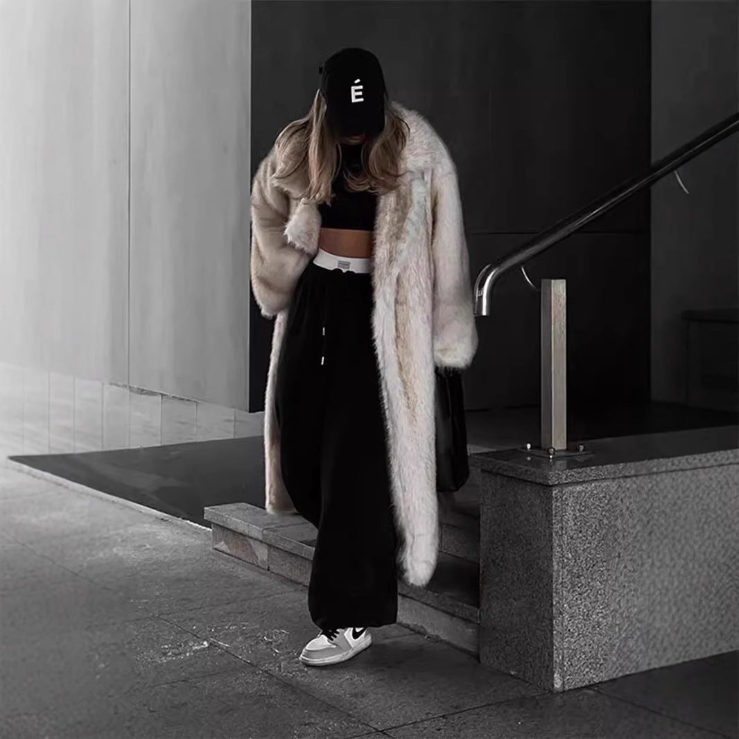Loose Collar Extended Faux Fox Fur Coat Jacket Extra Long Warm