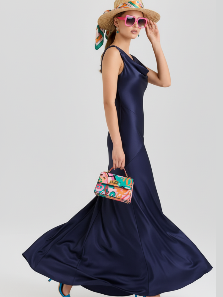 Fitted Long Chiffon Dress Upper West Side, BYMANYC New York Navy