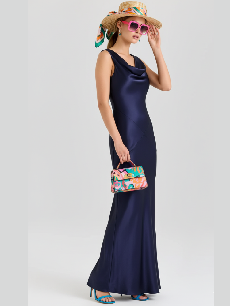 Fitted Long Chiffon Dress Upper West Side, BYMANYC New York Navy