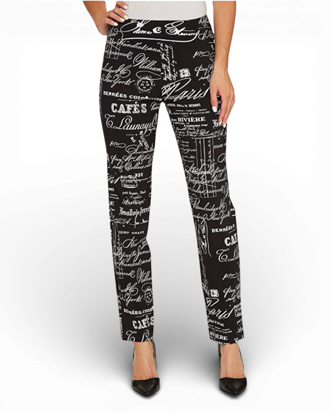 Krazy Larry P507 Pull on Pant - Black French News Graffiti Tummy Control Slacks