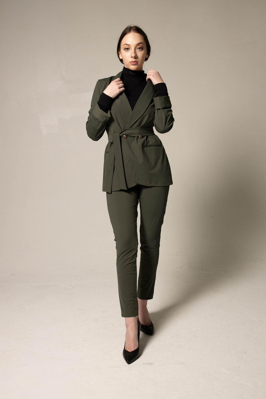 Ladie's Olive Blazer with Front Buttons – Tailored Career