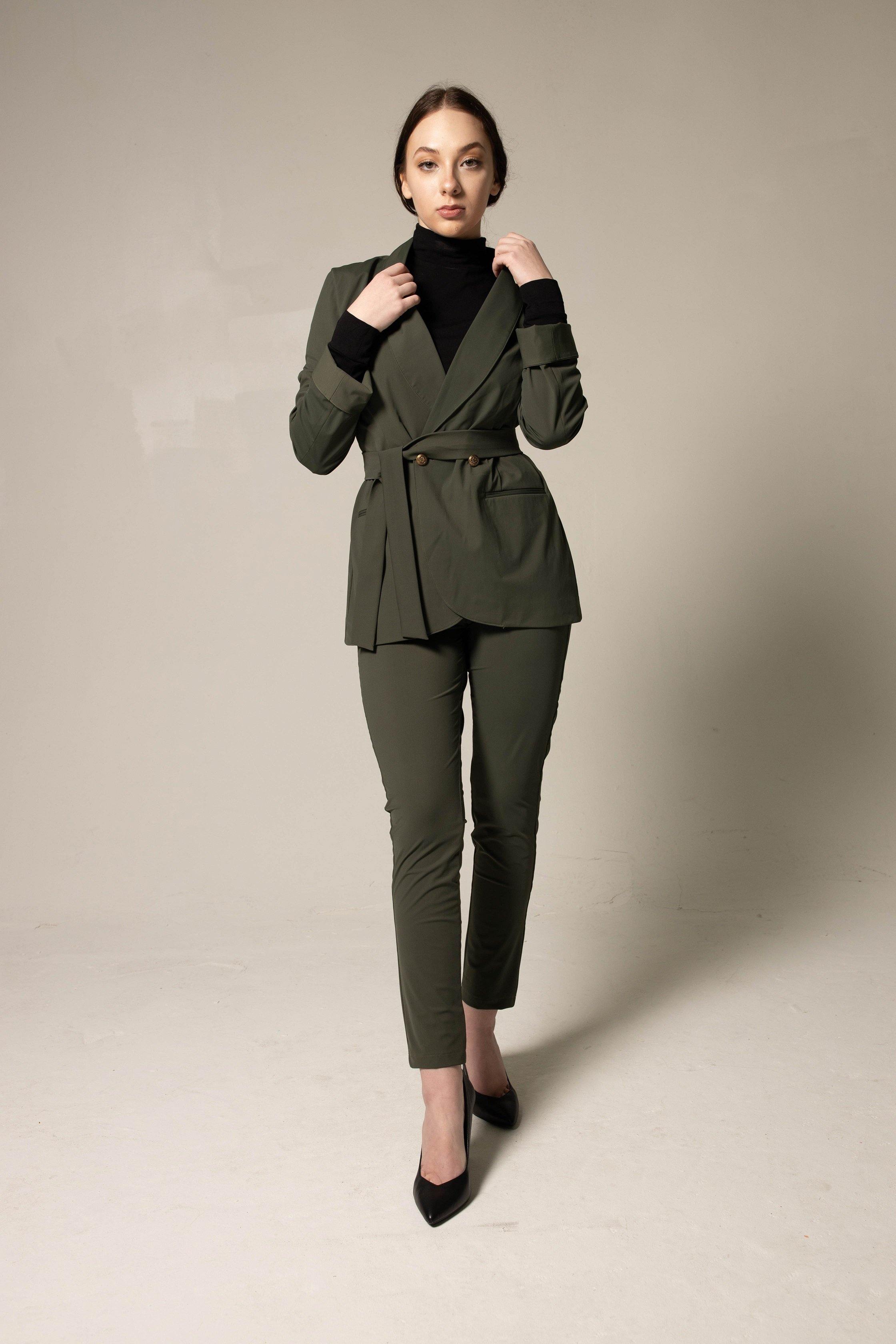Ladie's Olive Blazer with Front Buttons – Tailored Career
