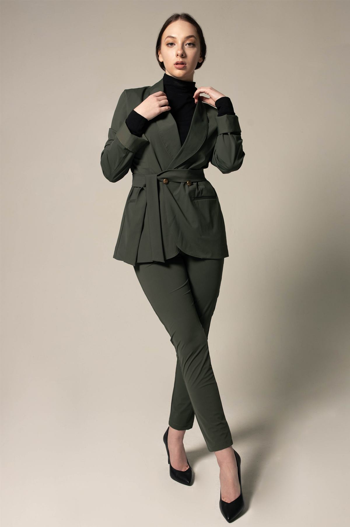 Ladie's Olive Blazer with Front Buttons – Tailored Career