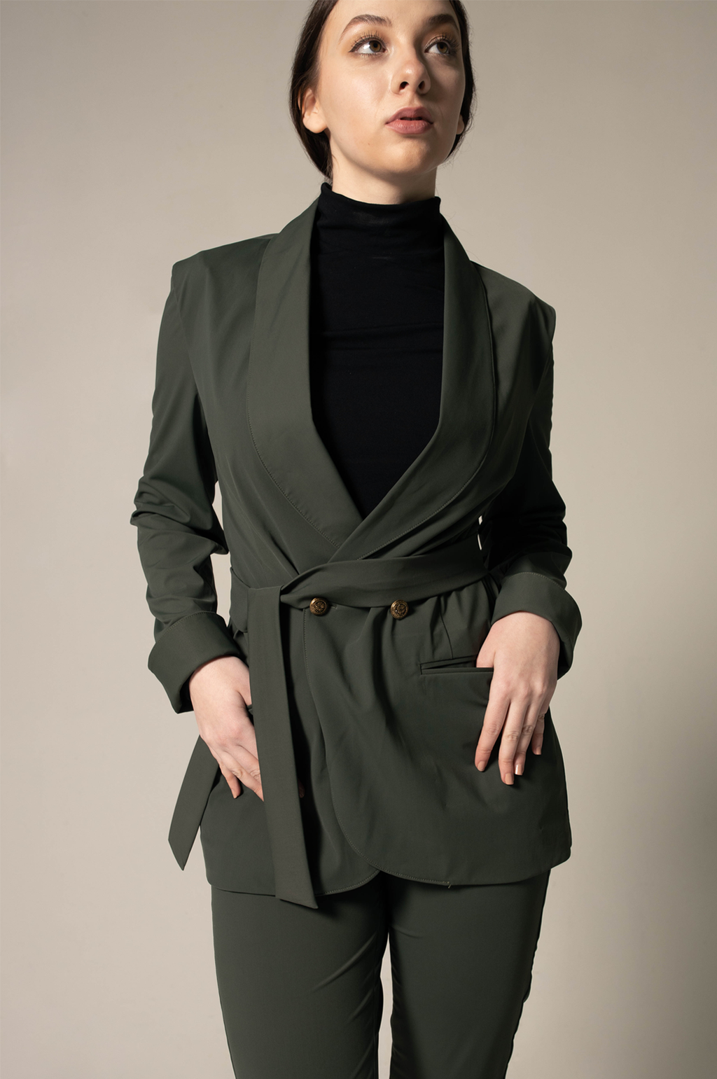 Ladie's Olive Blazer with Front Buttons – Tailored Career