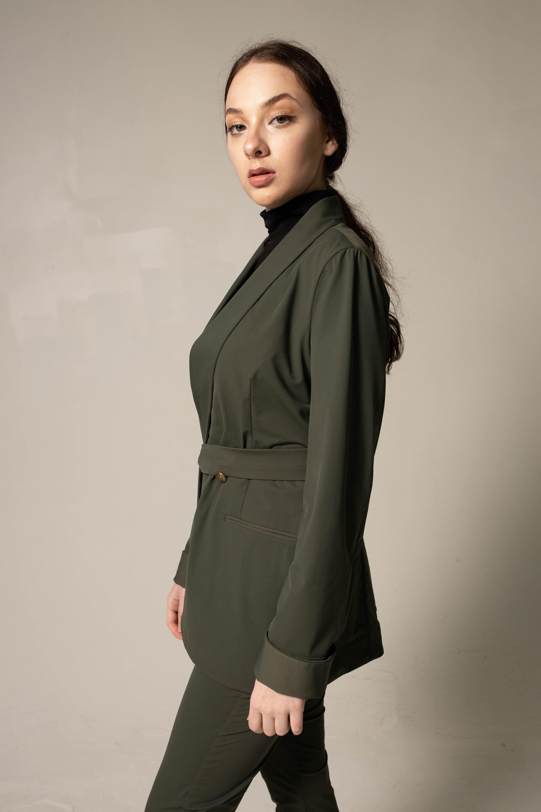Ladie's Olive Blazer with Front Buttons – Tailored Career