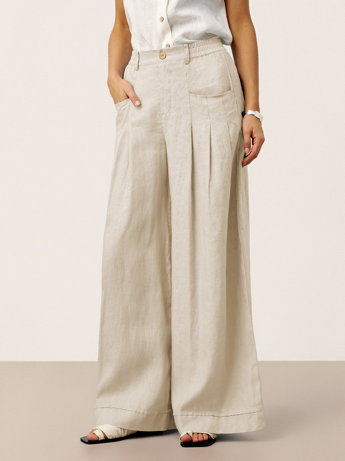 100% Linen Sculpted Pleat Elasticated Back Relaxed Pants VERIDIANA slacks