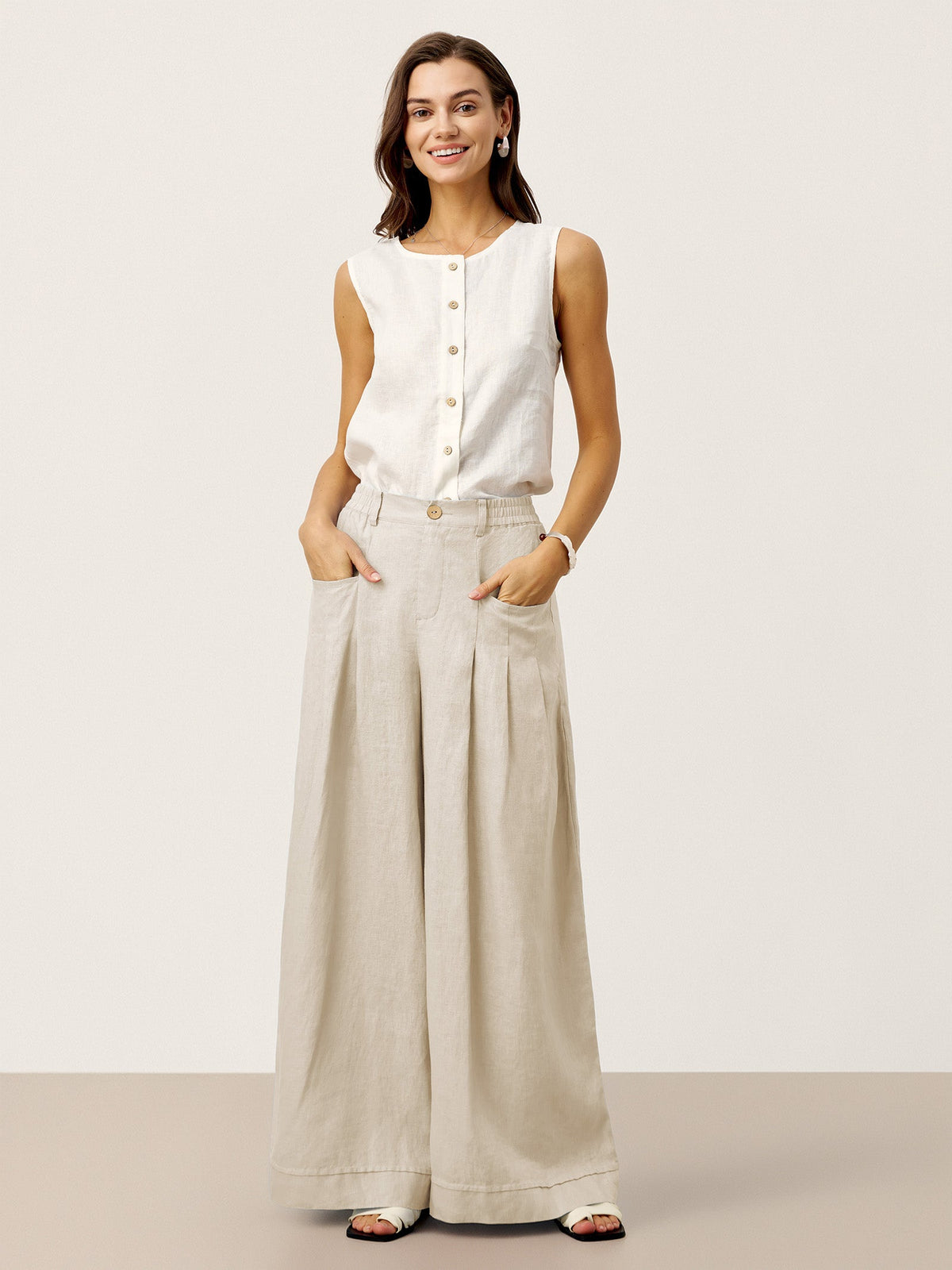 100% Linen Sculpted Pleat Elasticated Back Relaxed Pants VERIDIANA slacks