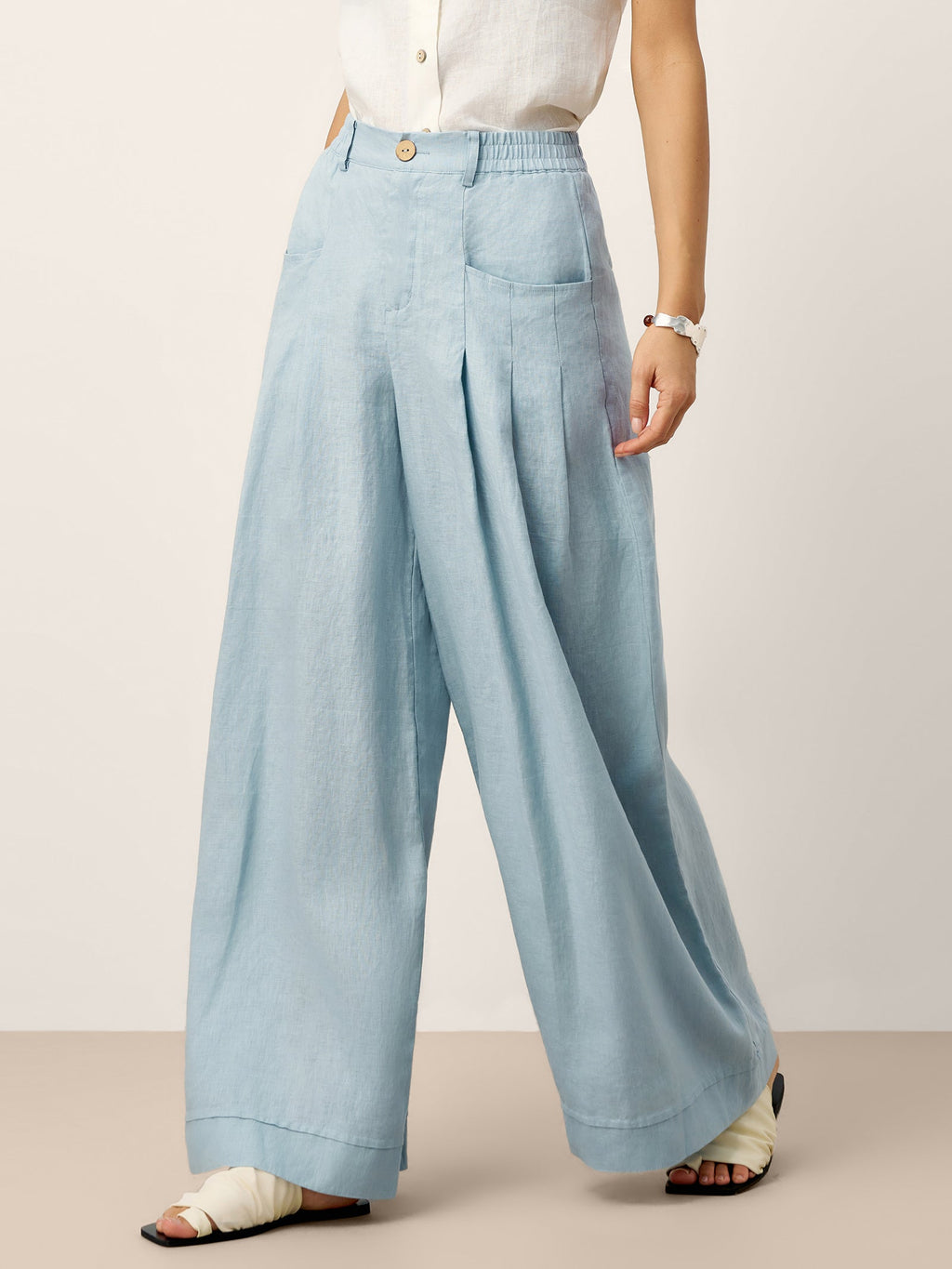 100% Linen Sculpted Pleat Elasticated Back Relaxed Pants VERIDIANA slacks