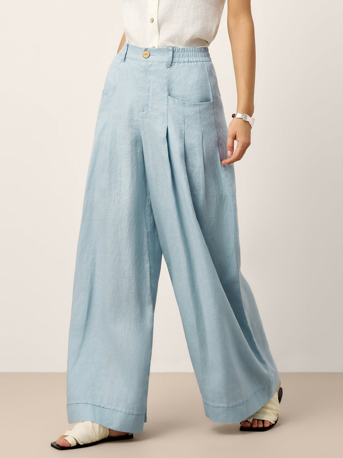 100% Linen Sculpted Pleat Elasticated Back Relaxed Pants VERIDIANA slacks