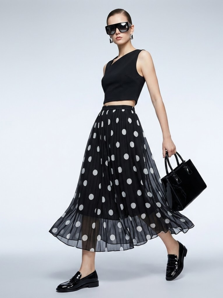 ladies Skirt Black Polka Dot BYMANYC ® New York SOHO PLEATED MAXI - chiffon