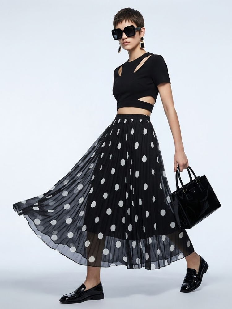 ladies Skirt Black Polka Dot BYMANYC ® New York SOHO PLEATED MAXI - chiffon