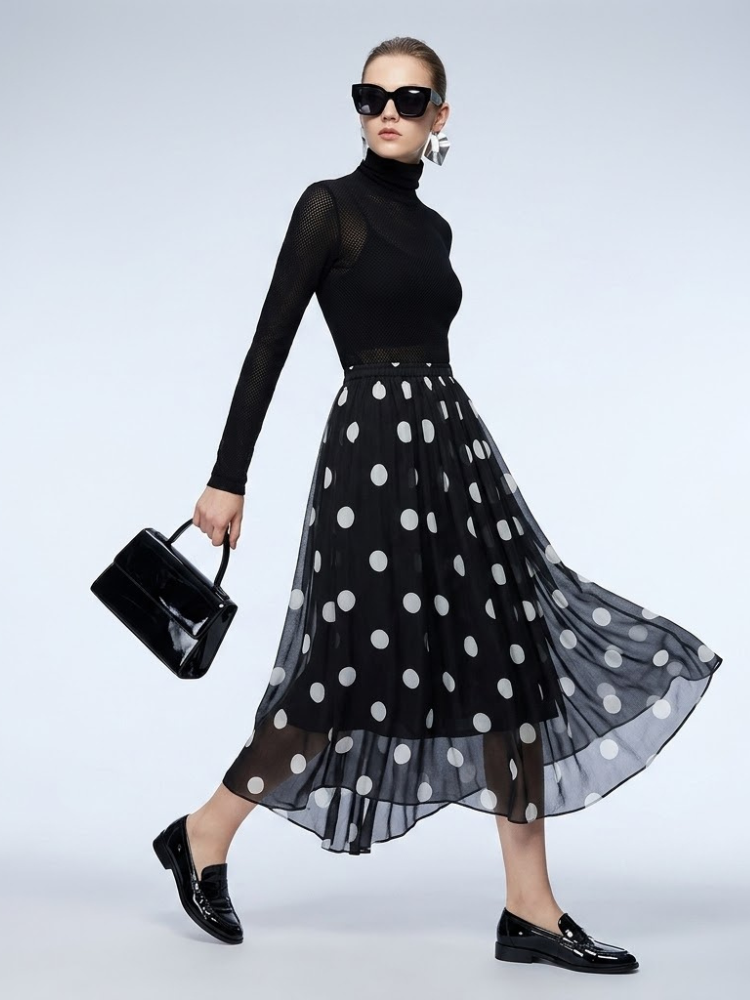 ladies Skirt Black Polka Dot BYMANYC ® New York SOHO PLEATED MAXI - chiffon