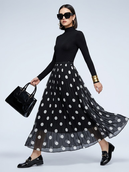 ladies Skirt Black Polka Dot BYMANYC ® New York SOHO PLEATED MAXI - chiffon