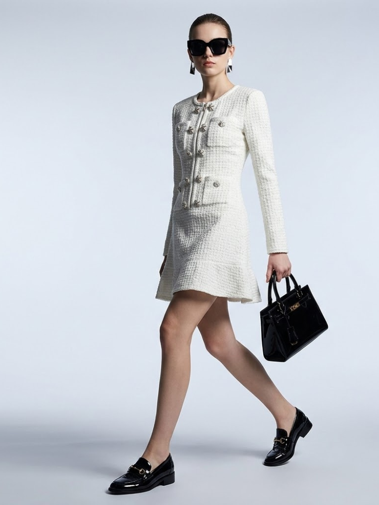 Ladies Dress Bouclé Tweed BYMANYC ® New York MADISON IVORY BUTTON MINI - New Collection