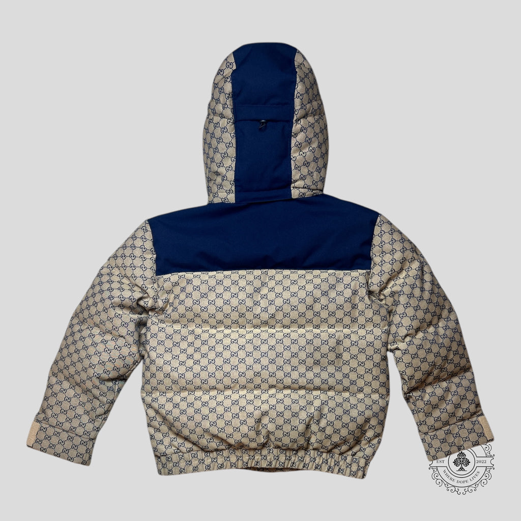 Gucci Jacquard Puffer Jacket in Tan/Brown/Blue men's 50 coat