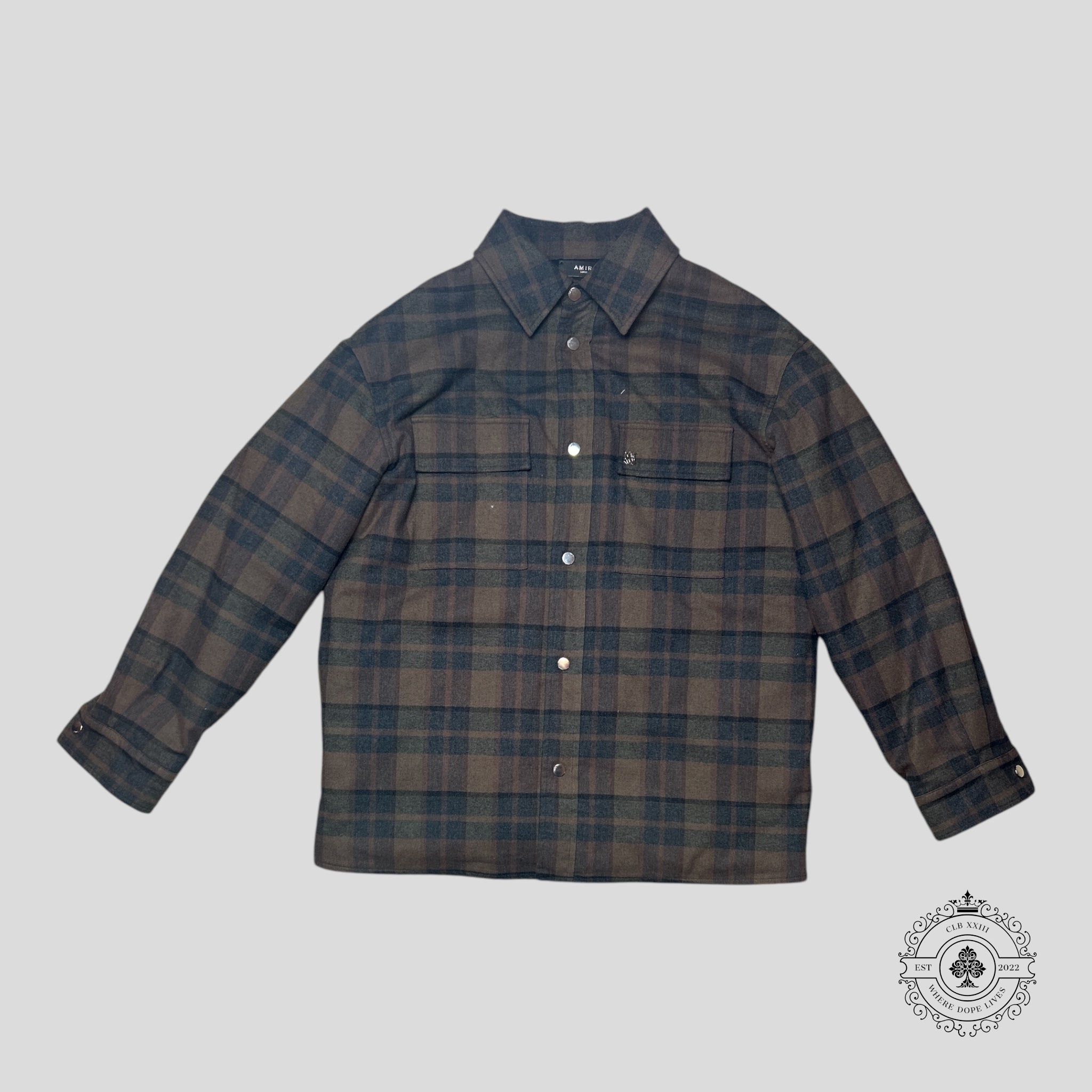 Amiri Plaid Padded Button Up Overshirt in Black/Brown 50 men's shacket