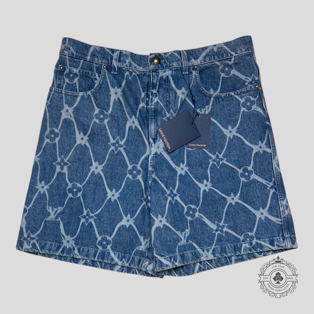 Louis Vuitton Fishnet Monogram Denim jean Shorts in Medium Wash men's unisex 34 36