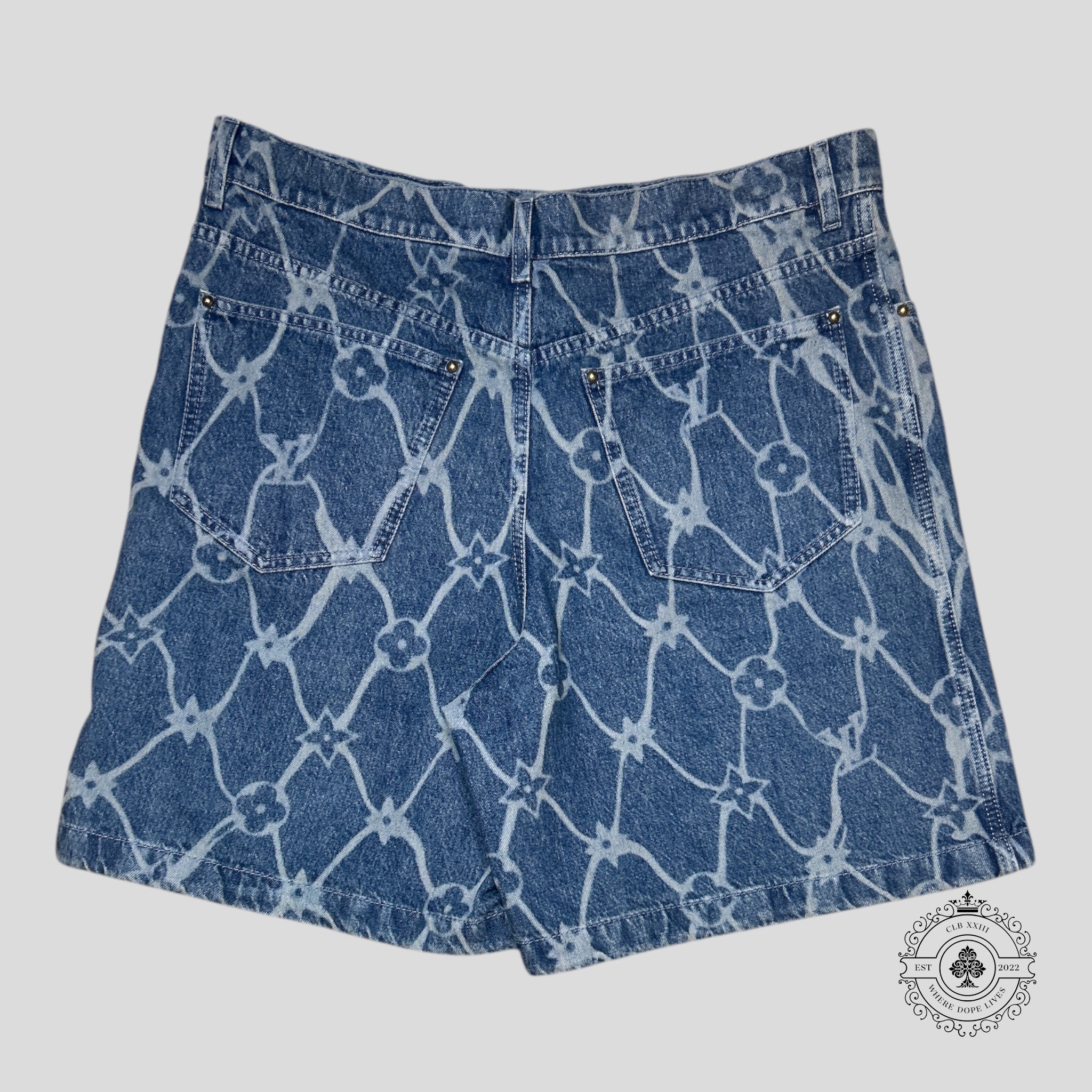 Louis Vuitton Fishnet Monogram Denim jean Shorts in Medium Wash men's unisex 34 36