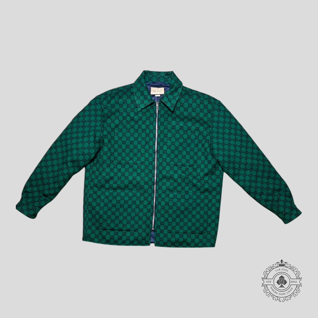 Gucci Jacquard Wool Flannel Jacket in Green/Black wool  men's unisex GG logo