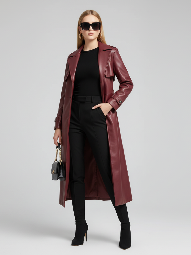 Plus-Size Long Leather-Style Windbreaker ladies trench coat BYMANYC New York.