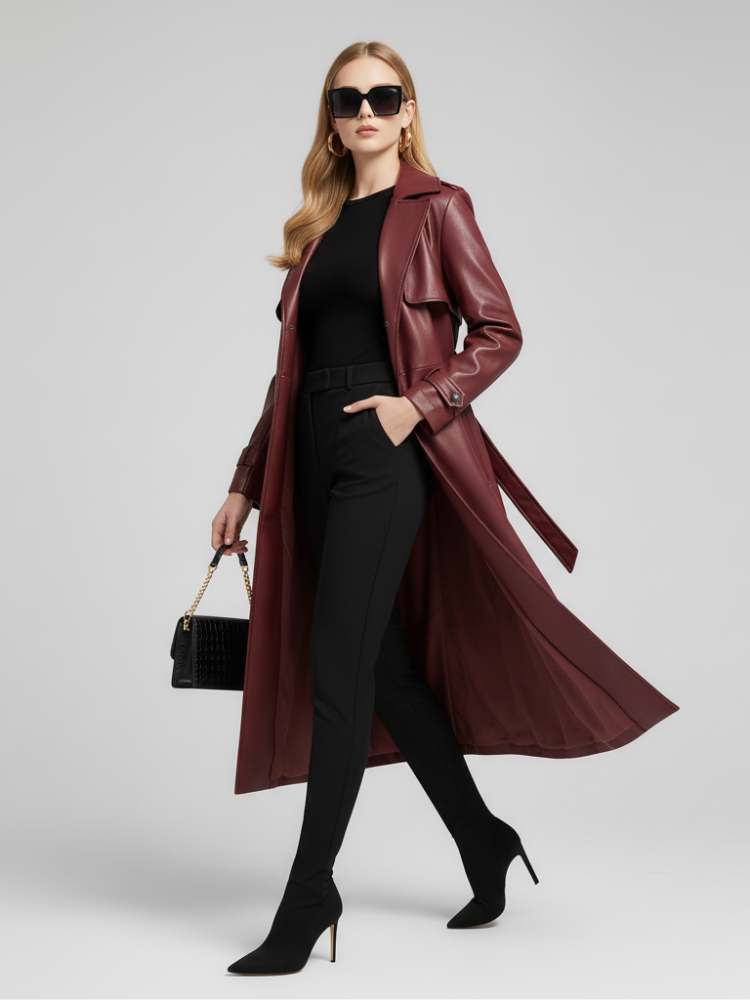 Plus-Size Long Leather-Style Windbreaker ladies trench coat BYMANYC New York.