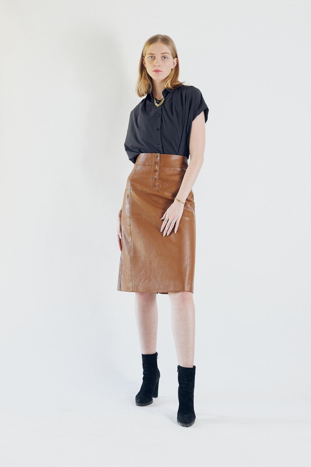 Glossy Brown Vegan Leather Pencil Skirt Ladies Knee