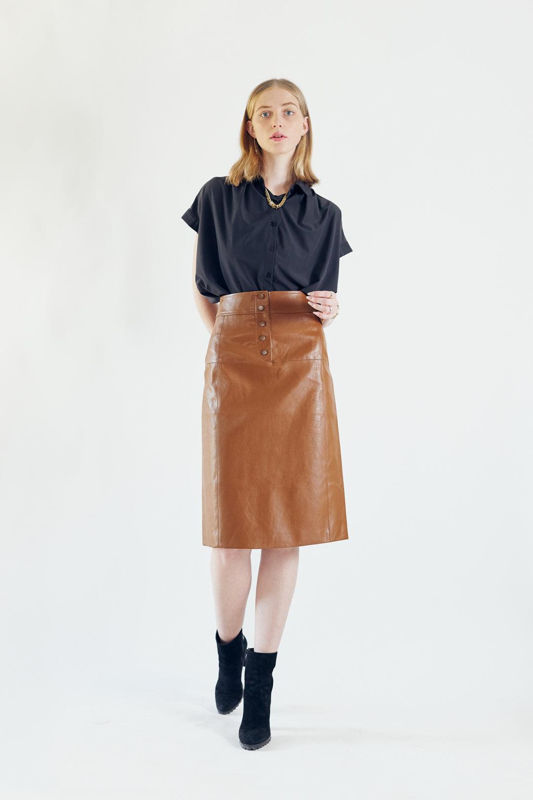 Glossy Brown Vegan Leather Pencil Skirt Ladies Knee