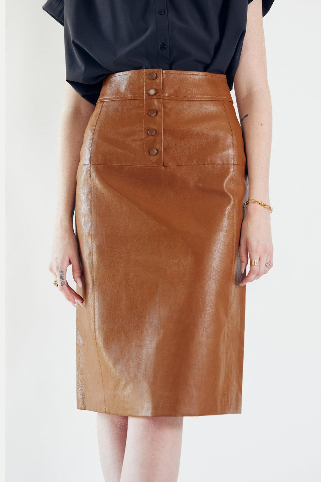 Glossy Brown Vegan Leather Pencil Skirt Ladies Knee