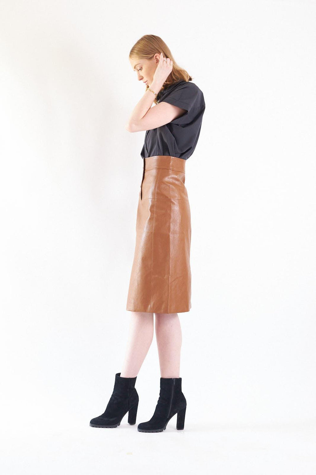 Glossy Brown Vegan Leather Pencil Skirt Ladies Knee