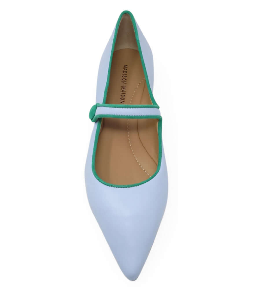 Baby Blue Leather Flat Pointy Ballet Shoes Madison Maison Beverly Hills Italy Mary Jane