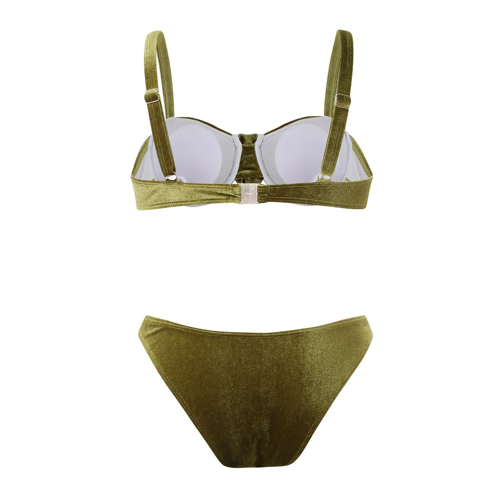 Green flower push up velvet two piece swimsuit rosette