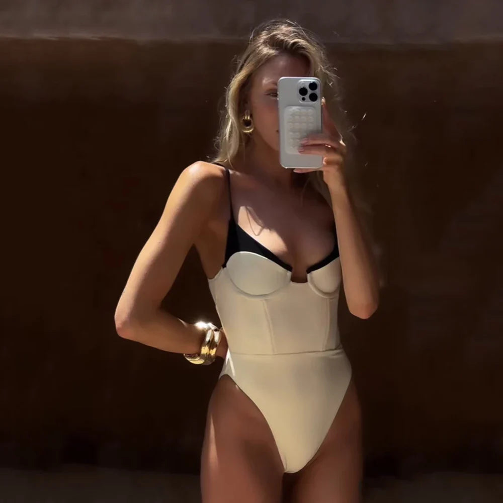 Azina one piece swimsuit maillot Ivory and black