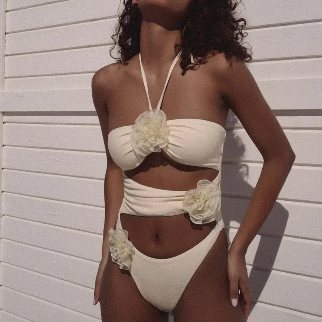 Floral cut-out one piece swimsuit with rosettes monokini