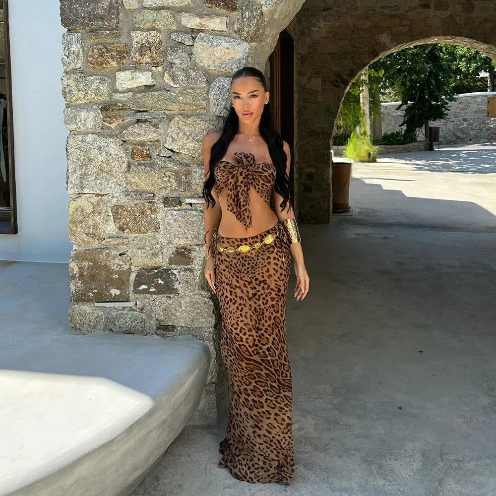 Thalassa Leopard Bow Three piece swimsuit bikini and cover up long skirt
